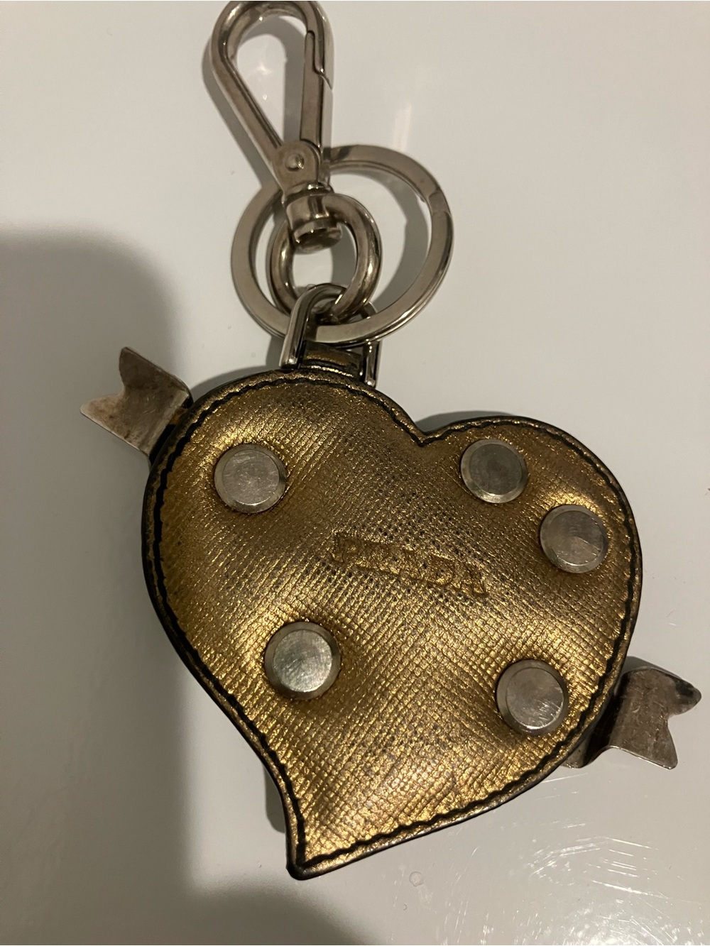 Prada Gold Heart Safiano leather key chain charm